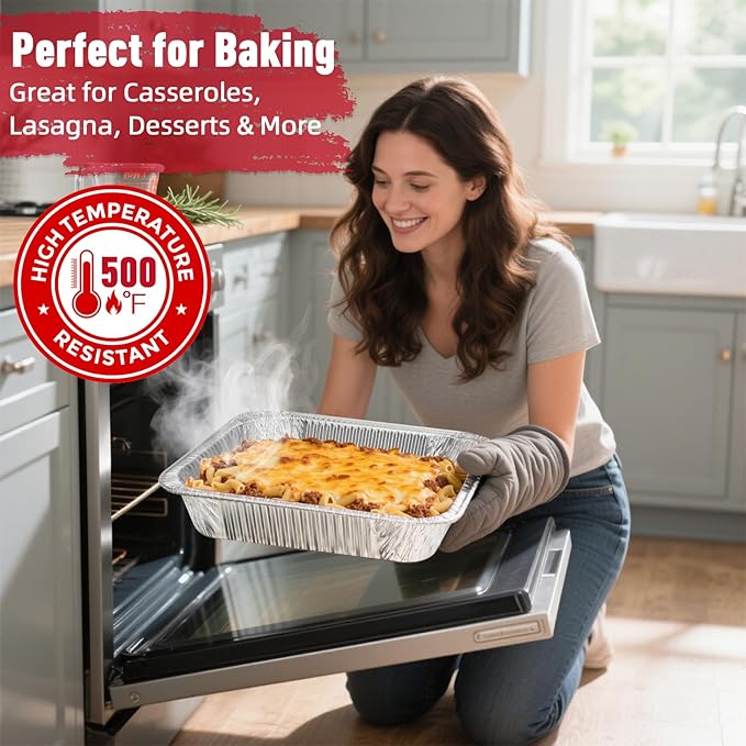 Aluminum Pans Half Size(30 Pack), 9x13, Heavy Duty Disposable Foil Pans for Baking, Roasting, Cooking, Heating, Storing, Deep Tin Foil Bakeware for Oven, Steam Table Tray, Cookware, Food Prepping