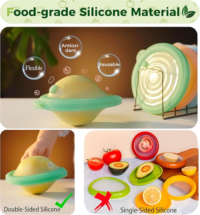 Silicone Reusable Vacuum-Seal Storage Containers for Fridge,Fresh Fruit,Vegetables,Garlic,Onions,Lemons,Potatoes,Meat,for Microwave Oven Heating,Freezer,Dishwasher,Avocado Saver,Tomato Holder,3 Pack