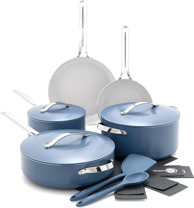 GreenPan Nova 10-Piece Cookware Pots & Pans Set, Oprah’s Favorite Things 2024, PFAS-Free Ceramic Nonstick, Fry, Sauté, Stockpot, Utensils, Lids, Induction Suitable, Dishwasher & Oven Safe, Ocean Blue