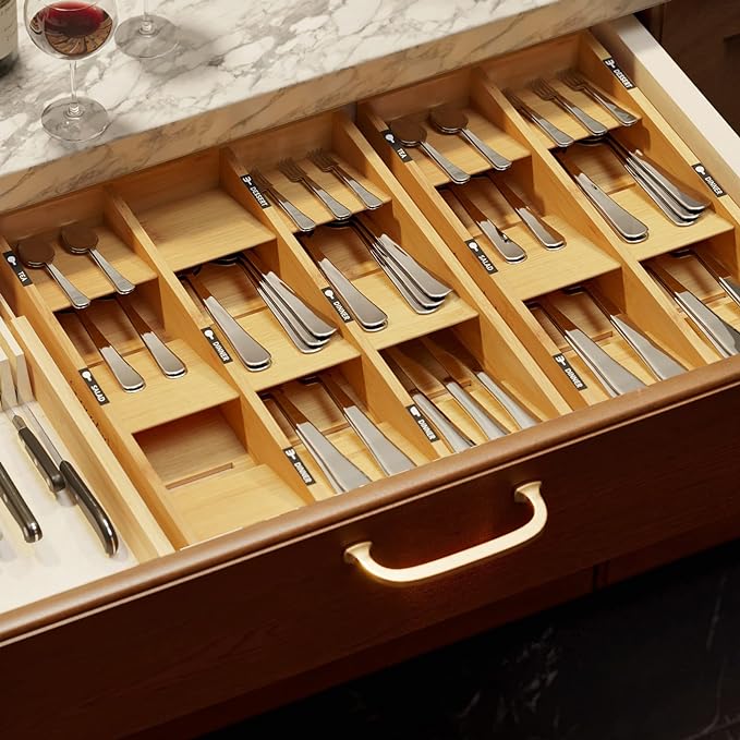 SpaceAid Bamboo Silverware Drawer Organizer (Need 3" Deep Drawer), Kitchen Utensil Tray Holder Organizer for Flatware, Cutlery, Spoon and Knives Storage Organization (9 Slots)