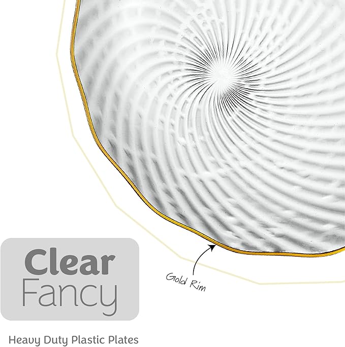 PLASTICPRO 30 Pack Plastic Plates Set of 15-10 inch Plates and 15-7 inch Plate, Elegant Clear Spiral and Gold Rim Disposable Fancy Plate Premium Heavyweight