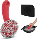 Cast Iron Scrubber with Long Handle | 316 Cast Iron Cleaner Chainmail Scrubber for Cast Iron Pan Skillet Cleaner - Dish Scouring Pad Dishwasher Safe Cleaning Kit (Red, 1 Scrubber + 1 Scraper)