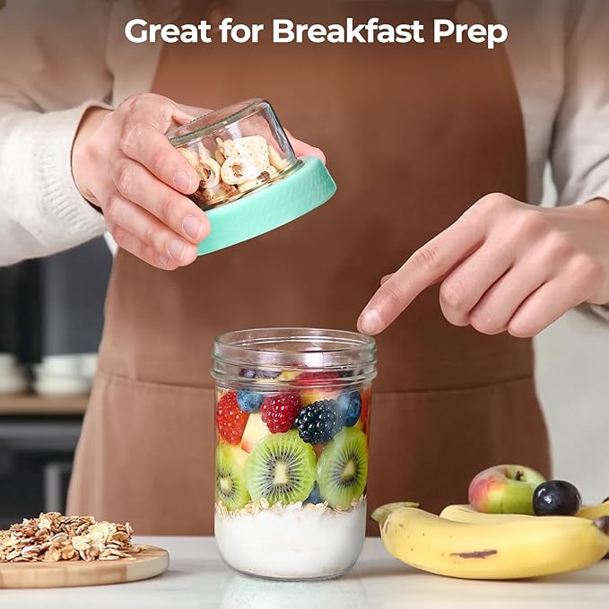 ComSaf Overnight Oats Containers with Lids (16oz+4oz, 6Pcs), Dual-Layer Chia Pudding Jars with Dry and Wet Separation, Yogurt Parfait Cups for Oatmeal Cereal Nut Fruit, Meal Prep Glass Jars for Salad