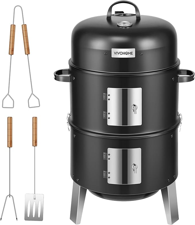VIVOHOME 3-in-1 Vertical Charcoal Smoker, BBQ Smoker Grill with Built-in Thermometer, Air Vent, and 2 Access Doors, Idea for Parties, Backyard, Barbecues