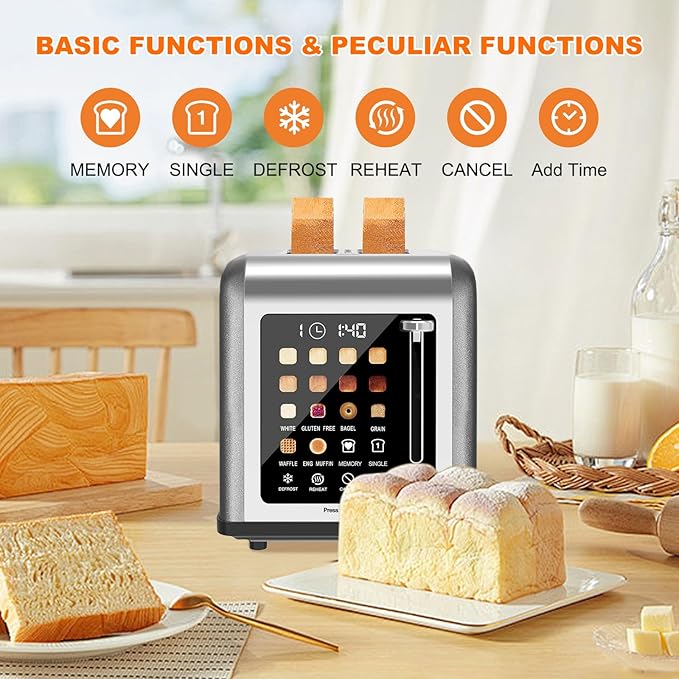 2 Slice Toaster Touch Screen, Stainless Steel Toasters Digital Timer 2 Slot Toasters, 8 Shade Settings 6 Bread Types for Bagel, Cancel, Defrost (Grey)