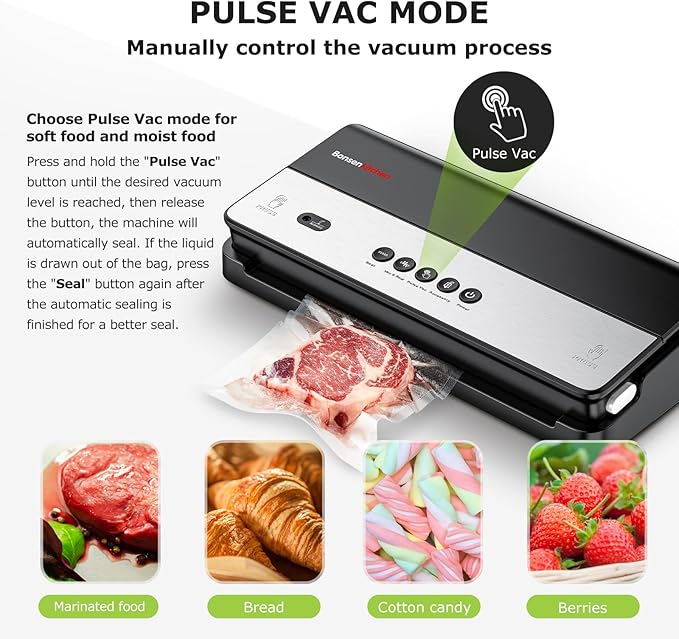 Bonsenkitchen Vacuum Sealer Machine, Multi-Functional Food Sealer with Built-in Cutter & Bag Storage, High-Speed Continuous Working with Globefish Technology, Includes Vacuum Bags & Roll Bag, Black