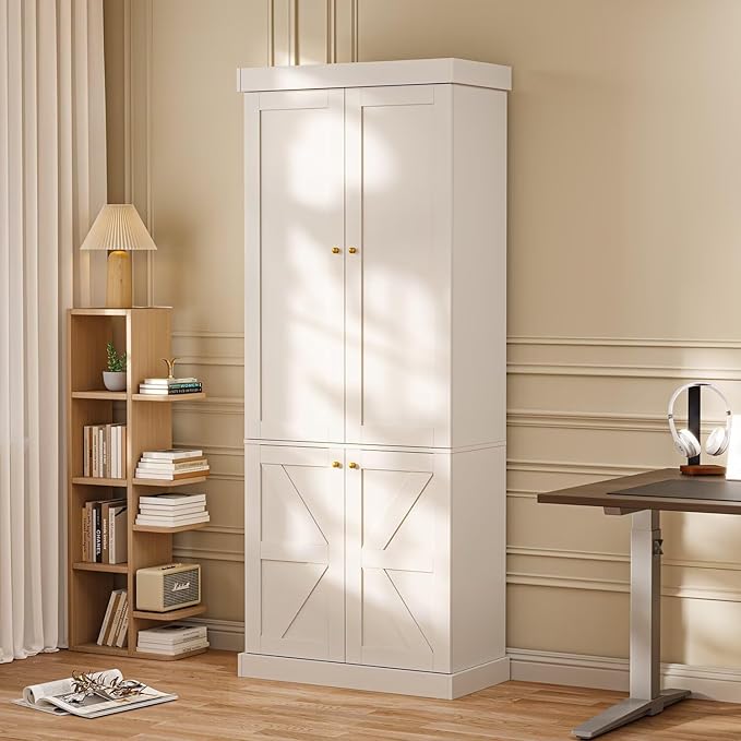 70.8" Tall Farmhouse Kitchen Pantry Cabinet with Glass Doors, Modular Wooden Storage Cabinet with 6-Tier Adjustable Shelves, Hutch for Kitchen or Living Room, Set of 3, White