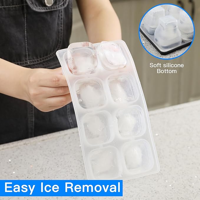 LONGFITE Collapsible Ice Cube Trays 2 Pack Silicone Foldable Folding Large Ice Cube Molds with Lid and Soft Bottom for Easy Release