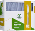 Comfy Package [300 Pack] Clear Plastic Knives Heavy Duty with Engraved Design - Plastic Knives Disposable, Sturdy Plastic Silverware for Parties, Weddings, and Events