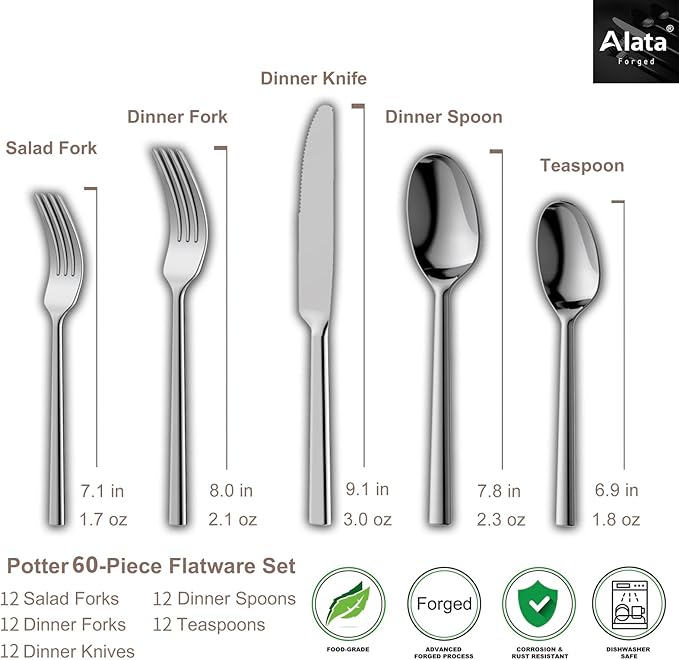 Alata Potter 60-Piece Forged Silverware Set Stainless Steel Flatware Set Cutlery Set, Service for 12, Mirror Finish, Dishwasher Safe