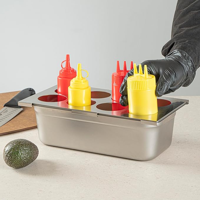 Restaurantware Squeeze Bottle Template Pack of 1 Stainless Steel 8 Hole Holder Top, 2.5" Diameter Fits 1/3 Size Food Pans, Dishwasher Friendly Integrated Lip Design Holder Top for Condiment Bottles