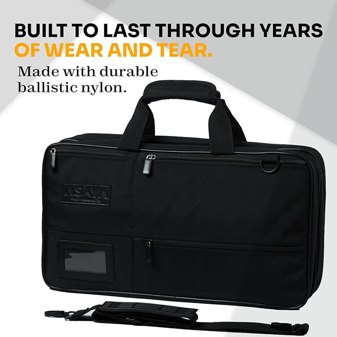 Asaya Chef Knife Bag - 28 Pockets for Knives and Kitchen Utensils - Durable Ballistic Nylon, Black Stainless Steel Hardware, Card Holder and Adjustable Shoulder Strap - Knifes not Included (Black)