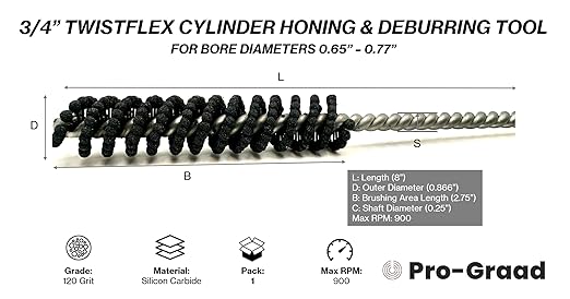 TwistFlex 3/4" 120SC Cylinder Hone | 0.75" (19mm) Flexible Cylinder Honing & Deburring Tool | Bore Brush for Hole Diameters 0.71” – 0.75” | Silicon Carbide 120 Grit | 1/4" Shank | 8" Length