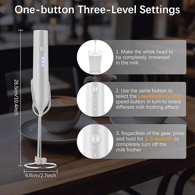 Rechargeable Milk Frother with Stand, Electric Frother Wand Handheld Coffee Foam Maker Detachable Stainless Steel Whisk Drink Mixer Foamer for Latte, Cappuccino, Hot Chocolate, Egg (White)