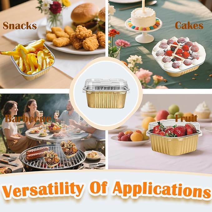50 Pcs Mini Square Baking Cups with Lids,5oz Aluminum Foil Mini Cake Pans with Lids,Disposable Ramekins Cake Pans,150ml Dessert Cups Cupcake Pans for Wedding Birthday Party,Gold
