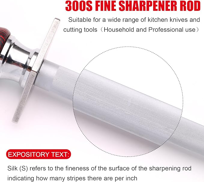 Azhou 12 Inch Superfine Honing Steel, HRC 65±1, T12 Carbon Steel with Sand Blasting, Knife Sharpening Kit with Wooden Handle, Professional Knife Sharpener