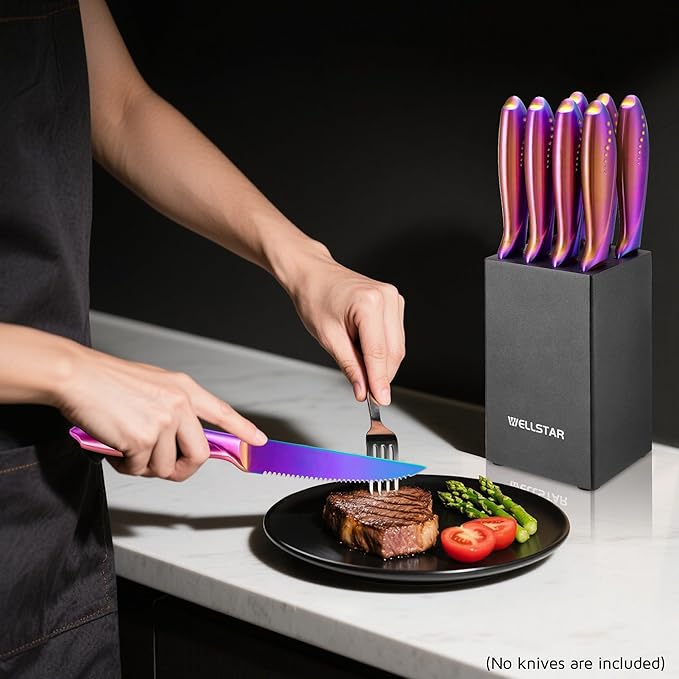 WELLSTAR 5-Inch Steak Knife Holder Only– Wooden Knife Block with 8 Slots (No Knives Included) – Compact, Space-Saving Design for 5" Steak Knives – Sturdy Wood Storage Organizer