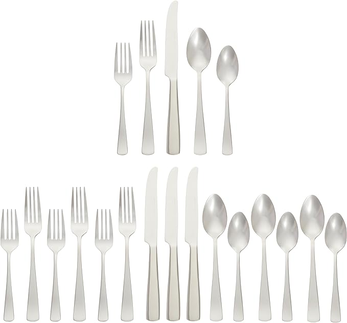 Amazon Basics 20-Piece Stainless Steel Flatware Set with Square Edge, Service for 4, Silver