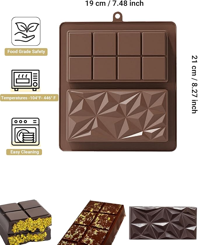 Silicone Chocolate Bar Mold, 1 Inch Deep, Large Candy Mould for Stuffed Bars and Fillings, 2 Pcs (brown02)