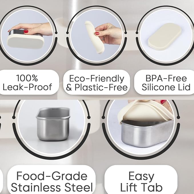Flexibento - Leak proof Stainless Steel Lunch Box | Lunch Containers with Silicone Lids | Steel Bento Box |Metal lunch Box|1 * 25 OZ+ 2 * 13 OZ + 2 * 2 OZ| Set Of 5 |Vanilla