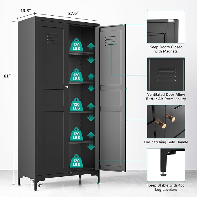 SISESOL Metal Storage Cabinet with Doors and Shelves,Black Storage Cabinet with Leg,Metal Pantry Cabinets,Ventilated Pantry Closet,Tall Large Cupboard for Home,Kitchen,Dining/Living/Laundry Room