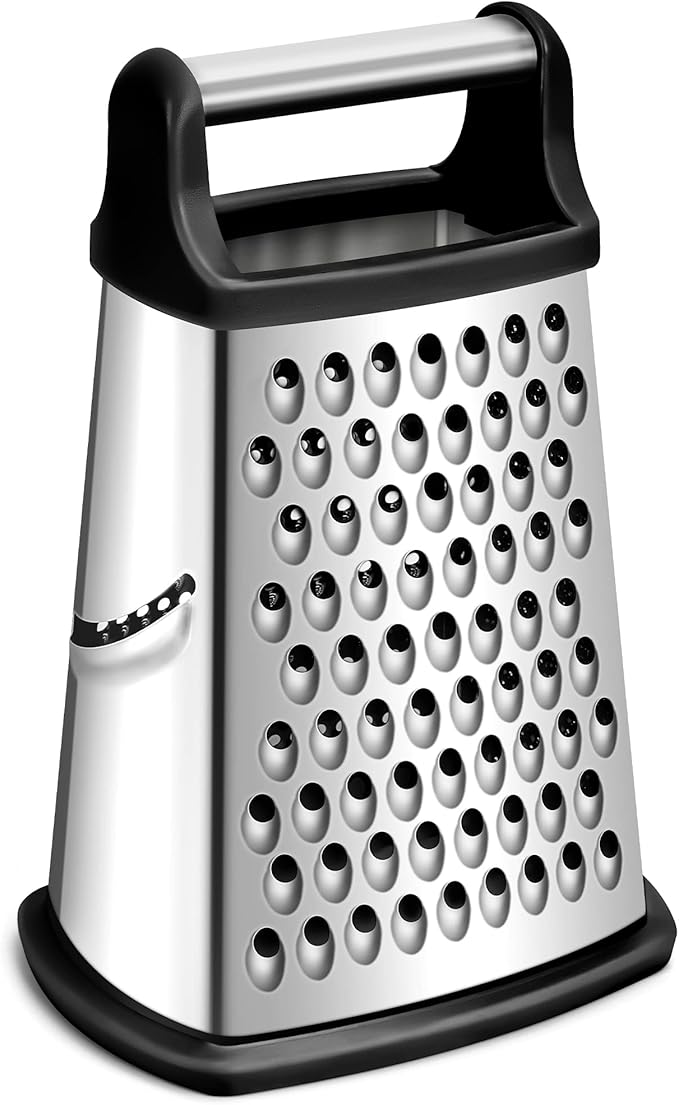 Rainspire Professional Box Grater, Cheese Grater Box for Kitchen Stainless Steel with 4 Sides, Cheese and Spice Graters with Handle for Vegetables, Ginger, Potatoes, Black