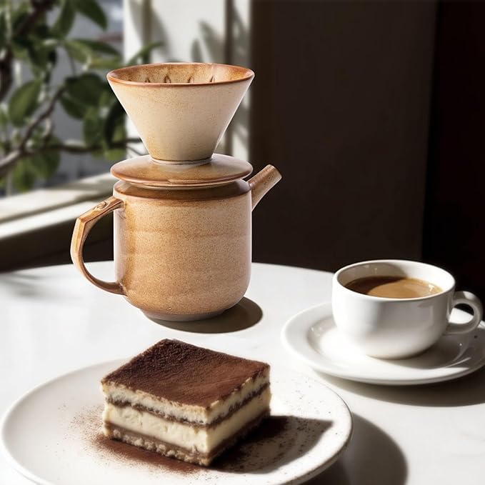 AZYM Pour Over Coffee Maker Set,with Lid and V60 Paper Coffee Fliters 20 Counts,High Heat Resistant Vintage Coffee Carafe Dripper Set for Home Café Restaurant Camping Hiking(Yellow)