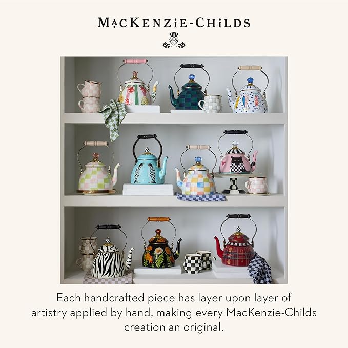 MACKENZIE-CHILDS Enamel Tea Kettle, Cute Tea Kettle for Stovetop, 2 Quarts, Dark Green-and-Blue Juniper Check