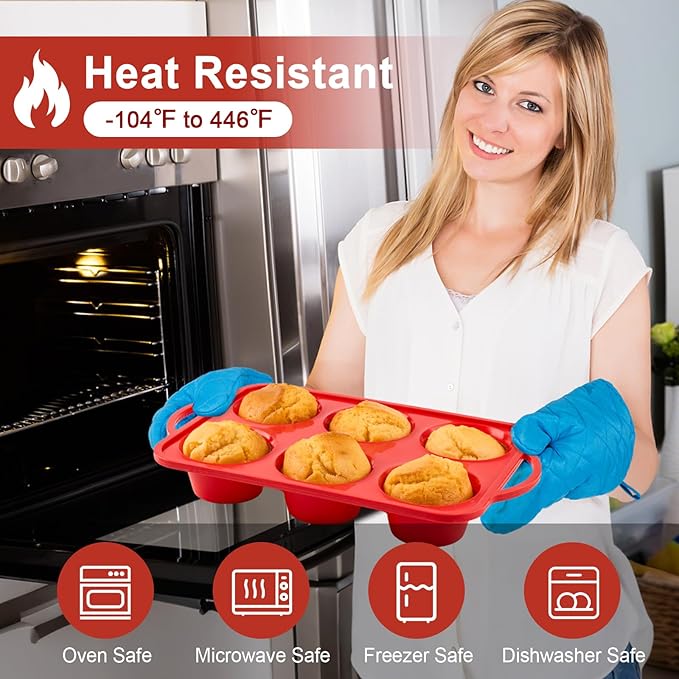 Jumbo Muffin Pan with Metal Frame, 6 Cup Large Cupcake Mold with Handles, Silicone Egg Bite Baking Tray, BPA Free & Non-Stick
