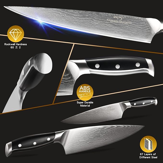 Damascus Kitchen Knife Set with Block - Razor Sharp 67-Layer VG10 Steel, Triple Rivet Handles, Chef, Santoku, Utility, Bread & Paring Knives, Sharpener, Shears, Grey, 9 Pcs
