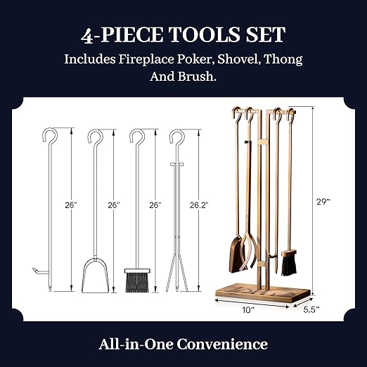 2WAYZ FLAMELY 5-Piece Fireplace Tools Set - Includes Fire Poker, Shovel, Brush, Tongs, Stand - Heavy-Duty Fireplace Accessories and Fire Tools for Indoor or Outdoor Use