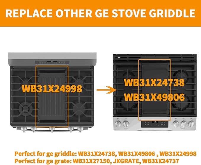 Upgraded WB31X24738 Griddle Replacement Parts for GE Stove Parts WB31X49806 Cast Iron Center Griddle Plate WB31X24998 19.5" x 9" General Electric Gas Range Burner Griddle GE Cooktop Flat Top Pan