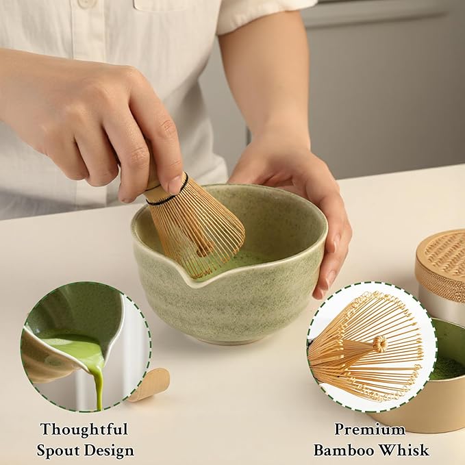 Matcha Whisk Set - Ceramic Matcha Set Includes Matcha Bowl, Whisk and Holder, Bamboo Scoop, Scoop Rest, Sifter and Tea Towel - 7 Pcs Ceremonial Gift Kit for Matcha Lovers (Pure Green)