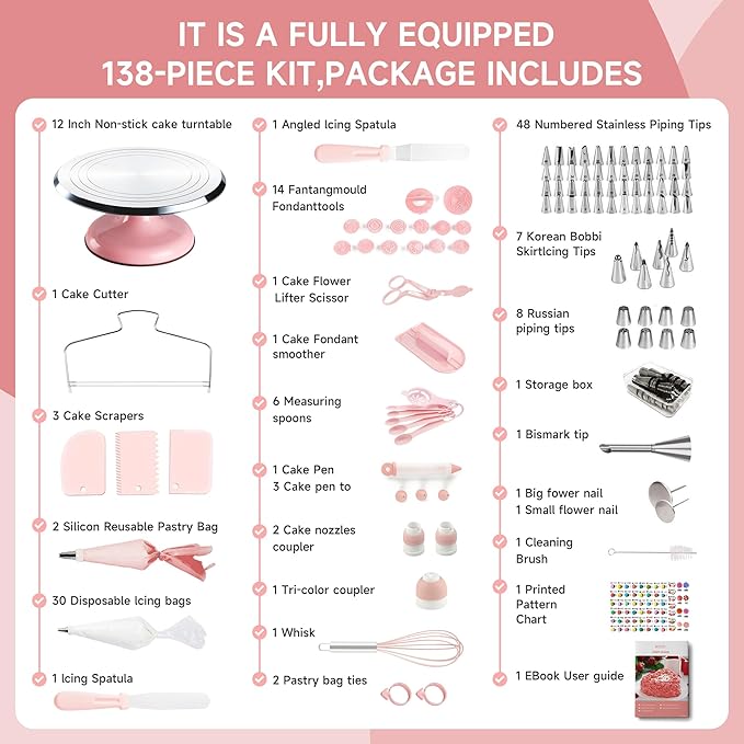 Cake Decorating Kit, 138pcs Cake Decorating Supply with 12 Inch Aluminium Cake Turntable, 64 Numbered Icing Piping Tips, 2 Spatulas, 3 Icing Comb Scraper and Leveller, Piping Bags,cake decorating tool