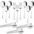 12-Piece Large Serving Utensils Set, E-far Stainless Steel 9.8 Inch Serving Slotted Spoons, 9.9 Inch Fork, 9.4 Inch Tong for Buffet Catering Banquet, Mirror Finish & Dishwasher Safe