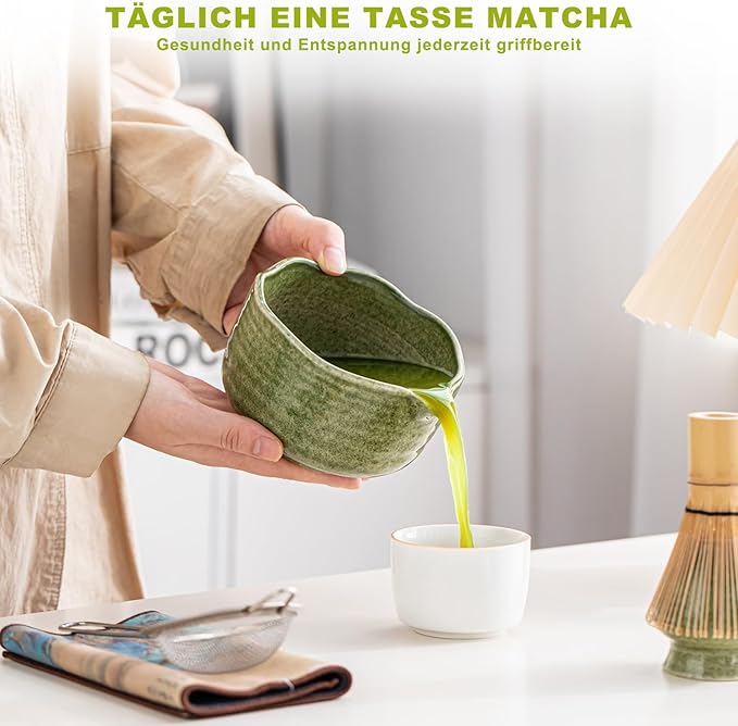 Matcha Set 7-Piece Tea Set with Brush, Bowl, Whisk, Strainer, Chasen, for Matcha Tea Ceremony (Matcha Green)