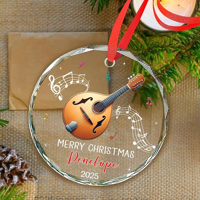 Personalized Mandolin Glass Ornament Xmas 2025, Musical Instrument Christmas Ornament Gift for Mandolin Player, Customized Text & Name Mandolinist Glass Keepsake, Instrument Lover Christmas Ornaments
