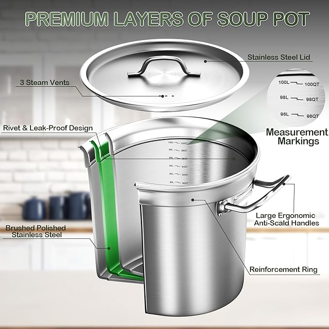 Stainless Steel Stock Pot,100 QT Large Stock Pot with Lid, Heavy Duty Tri-Ply Bottom Commercial Grade Stock Pots for Boiling Cooking Soup Stew Thick Bottom Deep Cookware Big Stockpots
