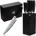 YOUSUNLONG Knife Block Sets - 5pcs Kitchen Knives Set with Natural Fraxinus Americana Holder - Japanese Hammered Damascus Steel Blade - Natural Ebony Handle with Gift Box