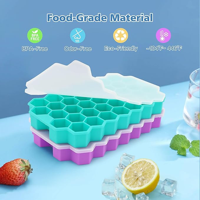Ice Cube Trays for Freezer, 2 Pack Ice Cube Tray with Lid, Silicone Ice Cube Mold with Lid-37 Grid,Easy-Release Reusable 74 PCS Small Ice Cubes for Iced Coffee Cocktail Whisky Chocolate Soup Food
