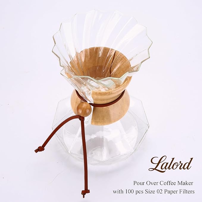 Pour Over Coffee Maker, 19 oz Borosilicate Glass Coffee Carafe with 100 PCS V60 Paper Filter, Wooden Collar & Cowhide rope, Glass Coffee dripper (Clear, 550 ml)