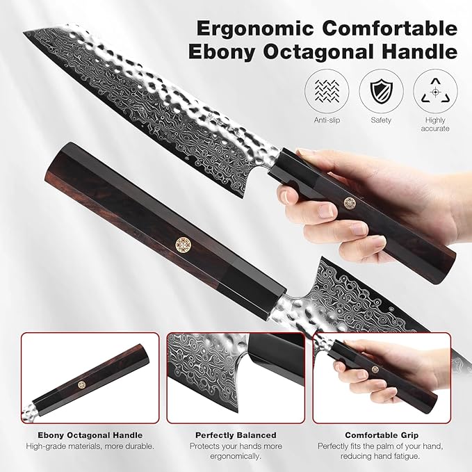 Kiritsuke Chef Knife 8 Inch, Hand-forged 67-Layer VG10 High Carbon Steel Japanese Damascus Chef Knife, Ultra Sharp Hammered Damascus Chef Knife with Octagonal Ebony Handle & Gift Box