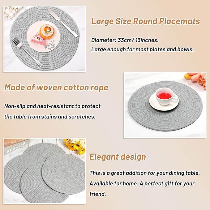 Billbotk Round Woven Placemats Set of 4, 13 Inches Table Place Mats for Dining Table, Hot Pads for Kitchen, Trivets for Hot Dishes, Pots and Pans,Tabletop Accessories(LightGray) ﻿