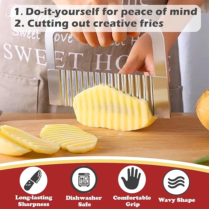 JAYVAR Extra-Large Crinkle Cutter Wave Potato Slicer – Stainless Steel French Fry Cutter for Restaurants, Waffle Slicing Tool, Crinkle Chopping for Potatoes, Kitchen Veggie Cucumber Slicer with Handle