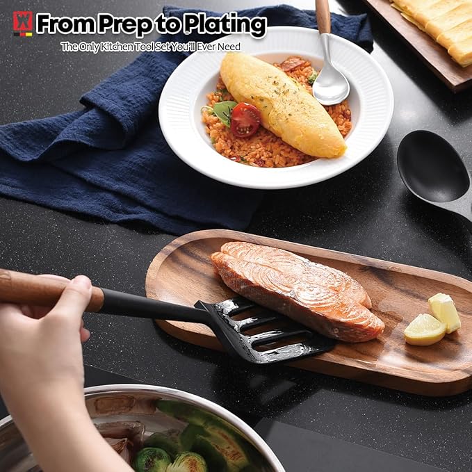 Silicone Slotted Large Spatula: Cooking Turner with Wooden Handle for Flipping and Lifting, Heat Resistant Cookware, BPA Free, Protects Surfaces with Gentle Head Design