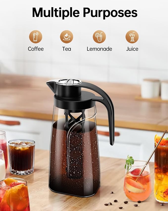 Cold Brew Coffee Maker, 70 oz (2100 ml) BPA Free Tritan Pitcher, Iced Coffee Maker and Tea Brewer, 100% Leak-Proof, Easy to Clean Reusable Mesh Filter, Black (2 Pack)