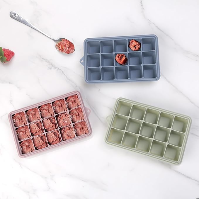 2 Tbsp Silicone Freezer Molds - Perfect for Storing Garlic, Herbs, Ginger, Pesto, Tomato Paste, Lemon Juice, Purees and More - Silicone Food Freezer Tray (Multicolor 3 Pack)