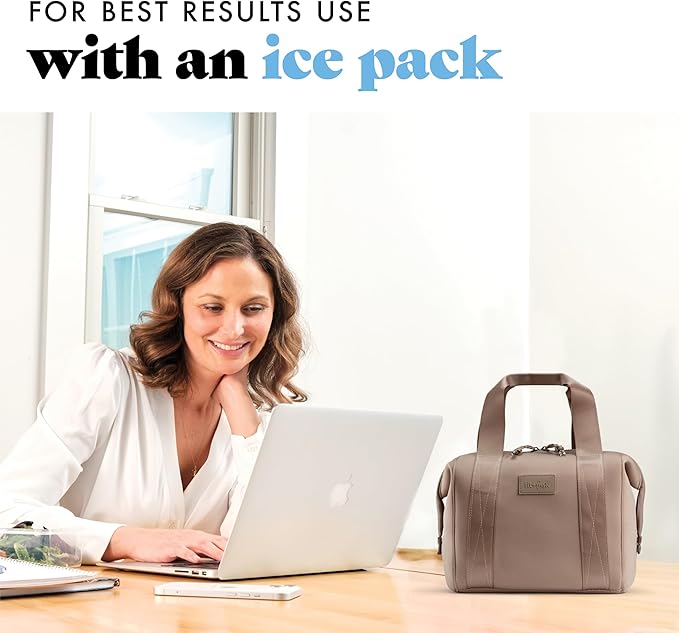 Fit & Fresh Remi Neoprene Lunch Bag For Women - Meal Prep Kit with Containers & XL Ice Pack, Self Insulating Neoprene-like Material, Machine Washable Lunch Bag, Tear-Resistant, Stain-Resistant, Taupe