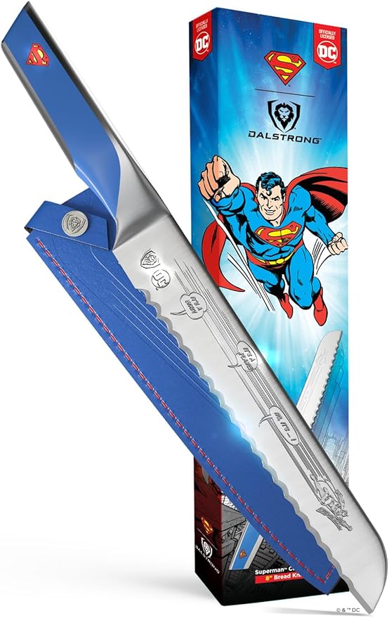 Dalstrong Serrated 8 inch Bread Knife - DC Superman™ Edition - Premium German Stainless Steel - POM Handle Full Tang - Etched Artwork Logo - Boyfriend Valentine's Gift Bread Slicer - Leather Sheath