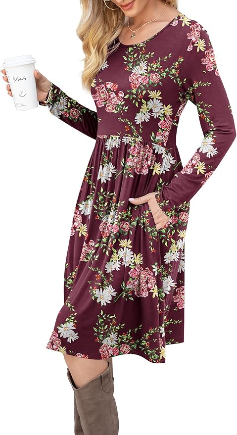DB MOON Women Casual Long Sleeve Dresses Empire Waist Knee Length Loose Dress with Pockets
